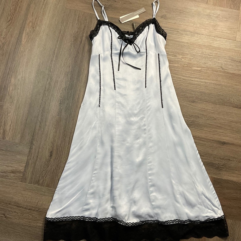 NWT By Anthropologie Satin Lace Trim Slip Midi Bow Dress Womens 00 Blue Coquette - Picture 1 of 12